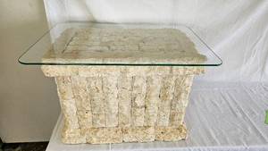lot 35 image: Tessellated Stone Base Glass Top Console Table 24 L x 16 D x 15.75 H