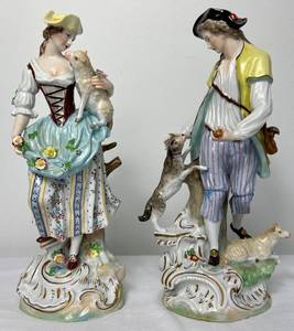 lot 9 image: Pair of Meissen Porcelain Figurines - Shepard and Shepherdress with sheep and dog