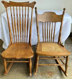 lot 33 image: Vintage Rocking Chairs - Solid Wood and one with Cane Seat