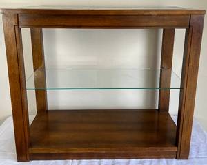 lot 36 image: Mid Century Modern Console Table with Glass Shelf -Wicker Woven Top Under Glass 32 L x 16 W x 28 H