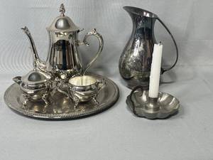 lot 30 image: Silver Plated Pitcher, Tea Service and Candlestick Holder w Candle