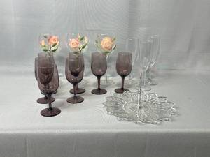 lot 31 image: Beautiful Floral Wine Glasses, Purple Wine Glasses, Champagne Flutes, Glass Snack Dish