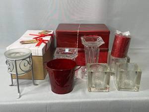lot 34 image: Gift Boxes (2), Candle Holders, Candle Bases, Red Tins (2), Red Candle and More