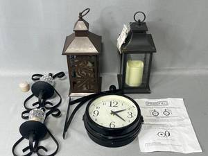 lot 36 image: Home Decor - 2 Sconces, 2 Lanterns, 1 Clock