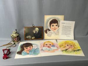lot 38 image: Bradford Exchange Cat Themed Wind Chime, Grace - Man Praying Over Daily Bread Wall Hanging, Red Nightlight, 4 VTG 1956 Northern Paper Mills Frances Hook Prints