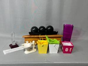 lot 40 image: Home Decor - Corner Shelf, Purple Vase w minor scratches to paint, Porcelain Cherub Birdbath, 2 Metal Buckets and 1 Paper Bucket