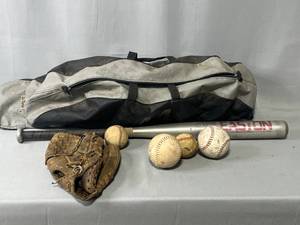 lot 56 image: Easton 32 Bat, Bat Bag (worn), 2 Softballs, 2 Baseballs and Baseball Glove