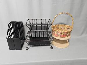 lot 57 image: 2 File Holders, Decorative Brass Tone Counter Shelf, Plastic Lazy Susan, Pastel Color Basket