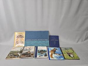 lot 67 image: Lot of VTG Books Inc National Geographic Atlas of the World, Railroads, Animals, Antiques, Etc