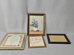 lot 73 image: Lot of 3 Pictures (one Judith, one flower, one cats cross stitch) & 1 Plastic Picture Frame