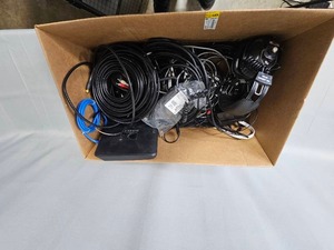 lot 82 image: Box of Various Cables, Direct TV Box, Power Supply Cord & Charger