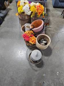 lot 84 image: OutdoorPatio Decor Inc Pots, Artificial Flowers in Milk Jugs & Wire Basket