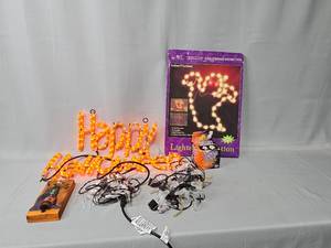 lot 86 image: Seasonal Outdoor Decor Inc Happy Halloween Sign (works), Lights, Light Up Ghost & More