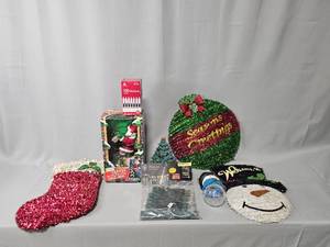 lot 96 image: Santas Lighted Animated Tree Top in Box (untested), Bags of Light Sets, Christmas Tree Door Stop & Tinsel