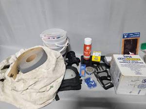 lot 142 image: Misc Hardware & Paint Supplies Inc Drop Cloth, Knee Pads, Roller Replacements, Leak Barrier (Quick Roll Shingle Starter)