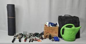 lot 143 image: Various Gardening Tools & Gloves, Back Pack Stadium Seat, Watering Can, ETC