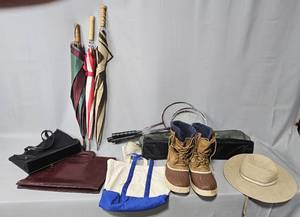 lot 9 image: Sorel SZ 13 Mens Rain Boots, 3 Umbrellas, Badminton Set (Eddie Bauer no net & spot on front of bag), Agenda Leather Satchel, Black Celebrity Purse, Straw Gardening Hat (one size)