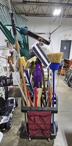 lot 12 image: Rolling Storage Cart W Brooms, Shovel, Rake, Paint Rollers