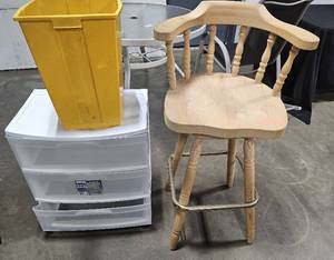 lot 17 image: Three Drawer Plastic Storage Container, Trash Can, Wooden Bar Stool (w deep scratches)