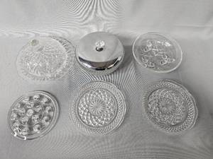lot 150 image: VTG PowderCandy Jar w Silver Tone Lid, 2 Clear Diamond Pattern Glass Plates, Rare 1960s Clear Glass 16 Hole Flower Holder & Oak Leaf & Acorn Clear Pressed Plate