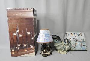 lot 153 image: Fireplace Screen, Conch Shell Vase, Bird Canvas Picture, Table Lamp w Sewing Machine