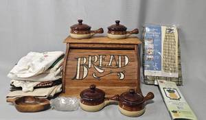 lot 155 image: Bread Box, Ironing Board Cover, Pineapple Design Yard Flag, Various Kitchen Linens, Bean SoupCrock Pots, Etc
