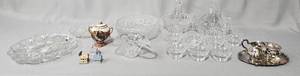 lot 157 image: 3 Miniature Birdhouses 2 Lenox, Deviled Egg Glass Plate, Heirloom Porcelain Music Box, Fenton Frosted Water Lily Bowl, Lead Crystal Basket w Handle, 7 Pc Set of Etched Fruit Bowls, Lead Crystal Baskets, VTG Sugar & Creamer Set Silver Tone
