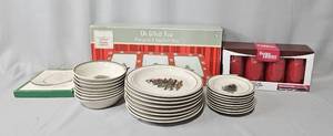 lot 158 image: Set of 4 LED Candles 6, Holiday China Set of 8 Dinner Plates, Bowls, Bread Plates, 3 Section Tray Penguin, ETC