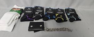 lot 161 image: 7 PR of LXL Compression Socks & 2 Pair of White Medical Socks LXL, Wallet w Chain