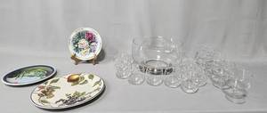 lot 162 image: VTG Punch Bowl w 12 Glasses, Santa Anita Collectible Oil Painted Plate, 4 Glass Footed Dessert Bowls, 2 Addl Decorative Plates