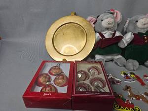 lot 100 image: Beautiful VTG Christmas Decor - St. Nick Tree Topper, 2 Stuff Christmas Mice, 2 Boxes of Glass Ornaments, MN Gopher Nutcracker, Various WTG Wooden Ornaments and a Christmas Light Tester