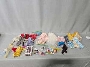 lot 112 image: VTG Doll Clothing (mostly Barbie) w Accessories & Barbie Key Chain