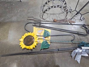 lot 135 image: Planter Hooks, Planter Stands, Flag Hook, Sunflower Yard Art, Battery Powered Light Pole