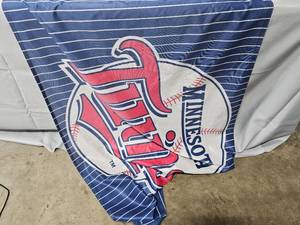 lot 138 image: MN Twins Flag on Flag Pole, Car Weather Scrapers, Small American Flag YardPotter Flags, and Fiskars Tree Trimmer