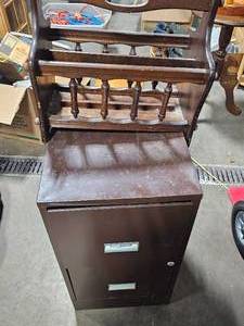 lot 139 image: 2 Drawer Metal Filing Cabinet and Wooden Magazine Holder