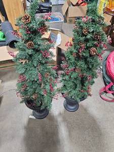 lot 141 image: 2 Artificial Lighted Porch Pine Trees in Plastic Planters