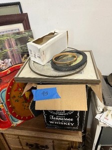 Box of pic frames, trays. pictures