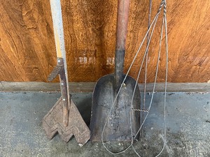 Rug beater, chicken catcher, shovel