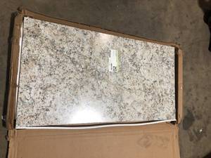 lot 15 image: Hampton Bay 4 ft. Straight Laminate Countertop Kit Included in Textured Typhoon Ice with Eased Edge and Backsplash Customer Returns See Pictures