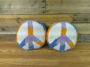 lot 70 image: Set of 2 Room Essentials Peace Sign Decorative Round Throw Pillow Purple, Orange,Blue- Peace Sign