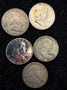 lot 90 image: Mixed Lot of 5 Franklin Half Dollars