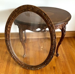 lot 77 image: Vintage Wooden Carved Glass Top Accent Table