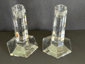 lot 12 image: Pair of Crystal Tiffany & Co Frank Lloyd Wright Vintage Crystal Hexagon Candle Holders