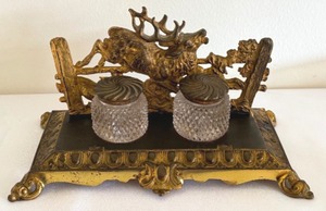 lot 4 image: Antique Brass Stag & Hunting Hounds Double Inkwell, Scotland 1890  Antique Bradley & Hubbard Double Inkwell