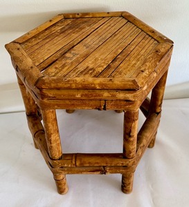 lot 43 image: Vintage Hexagonal Scorched Bamboo and Split Reed Riser Stool