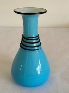 lot 49 image: Vintage Art Glass Aqua Vase with Coiled Black Design