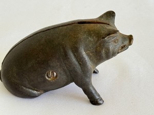 lot 154 image: Vintage Cast Iron Piggy Bank  Vintage Cast Iron Pig Shaped Bank