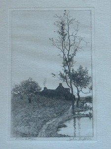 lot 130 image: Vintage Framed Black and White Etching by John Ruffin, River Cottage