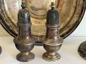 lot 38 image: Vintage Sterling Silver Bowl, Pair of Candle Stick Holders and Pair of Salt and Pepper Shakers