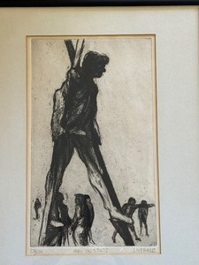 lot 108 image: Vintage Man on Stilt Etching by J. Kearns